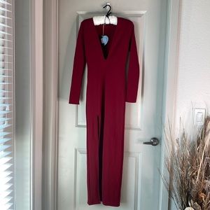 Sexy wine colored long sleeve maxi dress